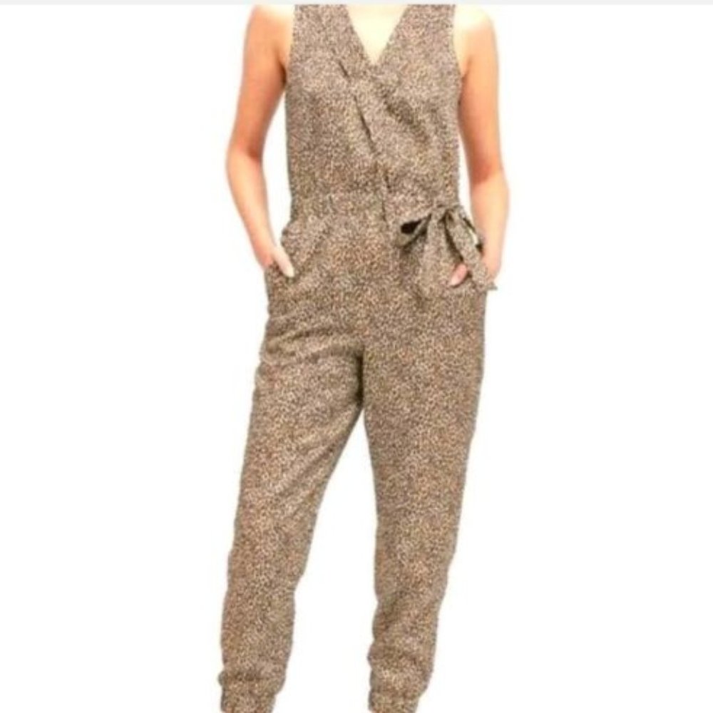 Banana Republic Leopard Print Tencel Tie Faux Wrap Jogger Leg 10 Jumpsuit